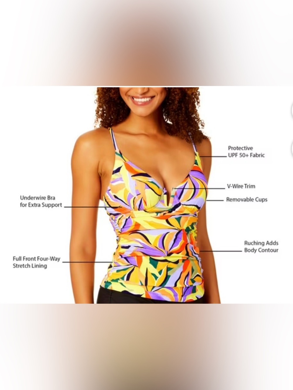 Anne Cole Ladies Tankini Swim Top Colorful Abstract Leaf-Print Sea Grass size XS
